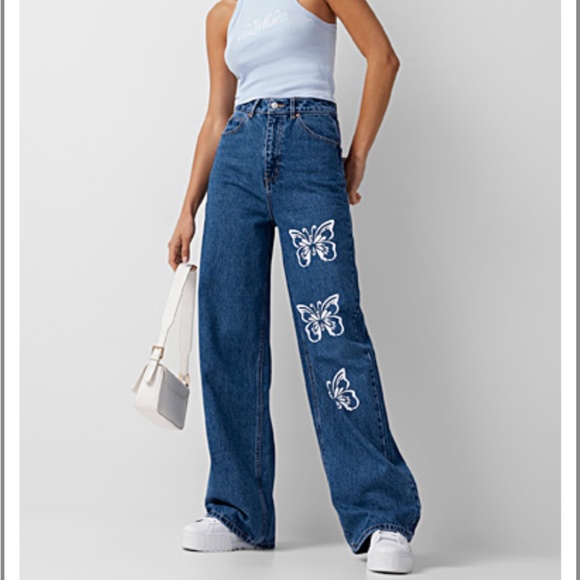 Boho butterflies high waist extra wide leg R&B fit organic cotton jeans NWT - Picture 1 of 13